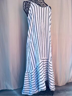 Terzo Millennio Linen Maxi Dress Striped Navy White Hi-Low Made in Italy Medium